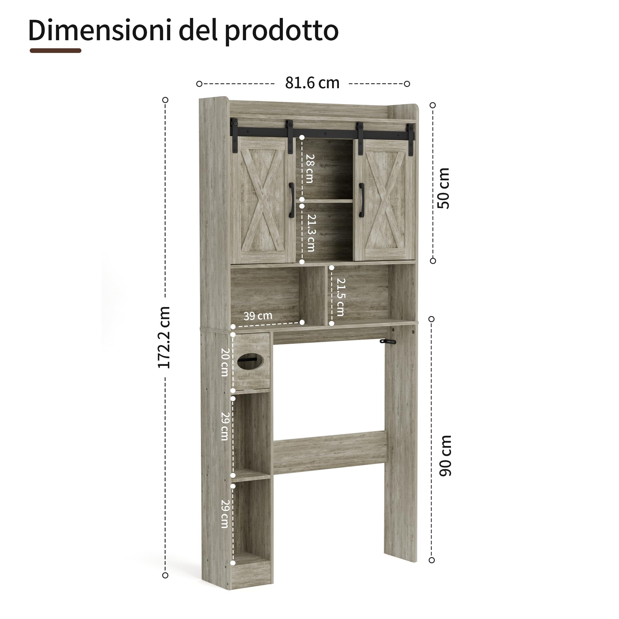BonVache Armadio Lavatrice con 2 Porte Scorrevoli Ripiani Regolabili Lavatrice Mensola Lavatrice con Scomparto Laterale per Asciugamani Carta e 4 Scomparti Aperti Bagno WC Lavanderia Grigio