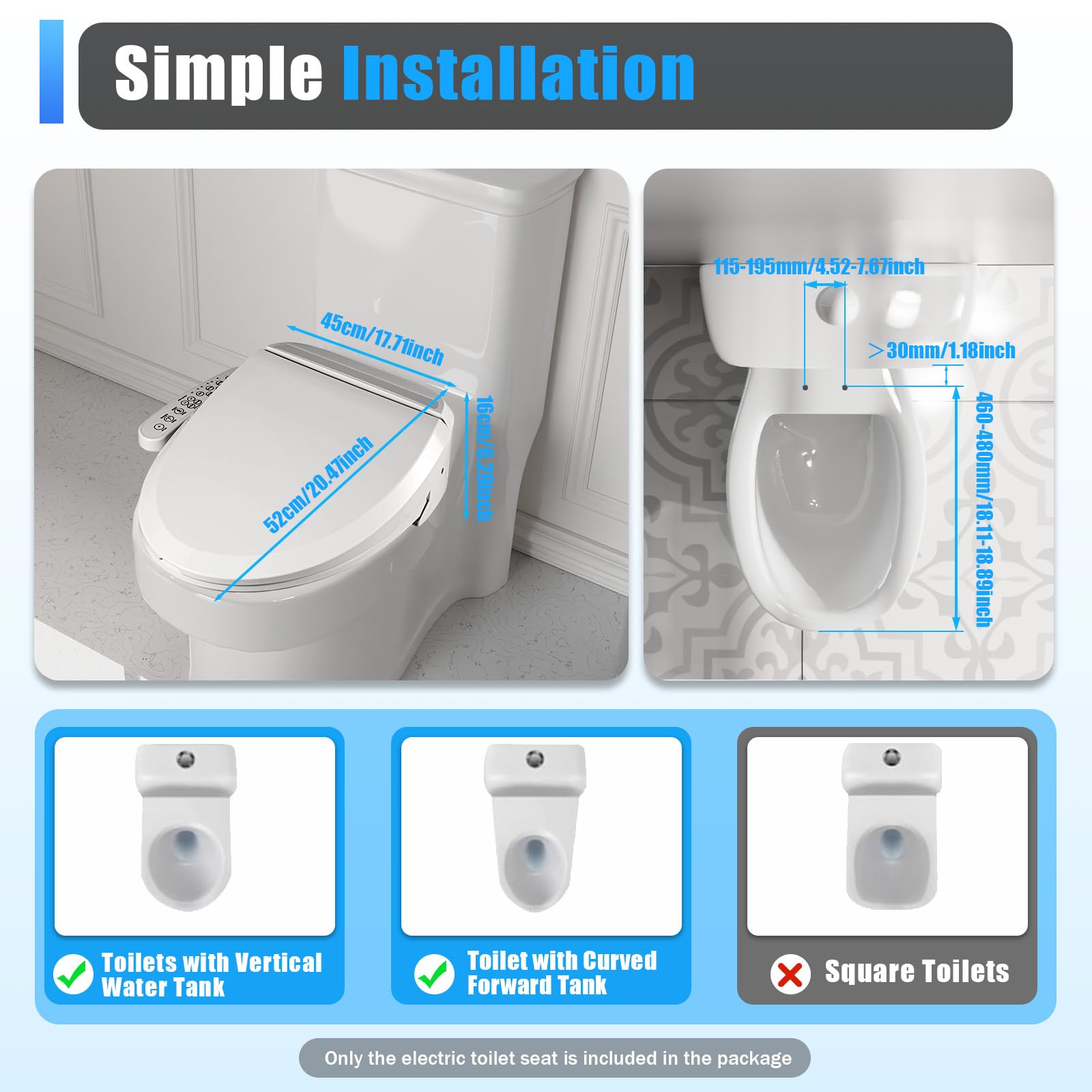 WC intelligente elettrico, toilette con dispositivo di pulizia deodorizzazione automatica temperatura regolabile massaggio intelligente per casa di cura hotel, bianco