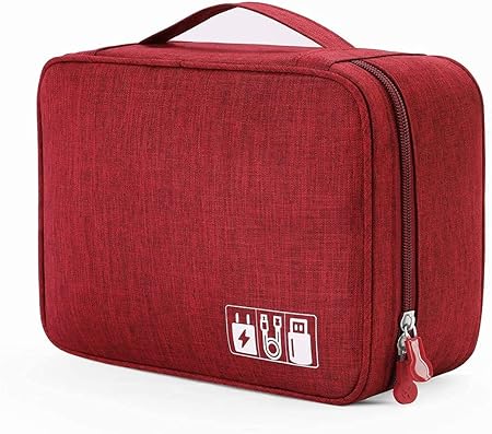 House of Quirk Electronics Accessories Organizer Bag, Universal Carry Travel Gadget Bag for Cables, Plug and More, Perfect Size Fits for Pad Phone Charger Hard Disk - Red