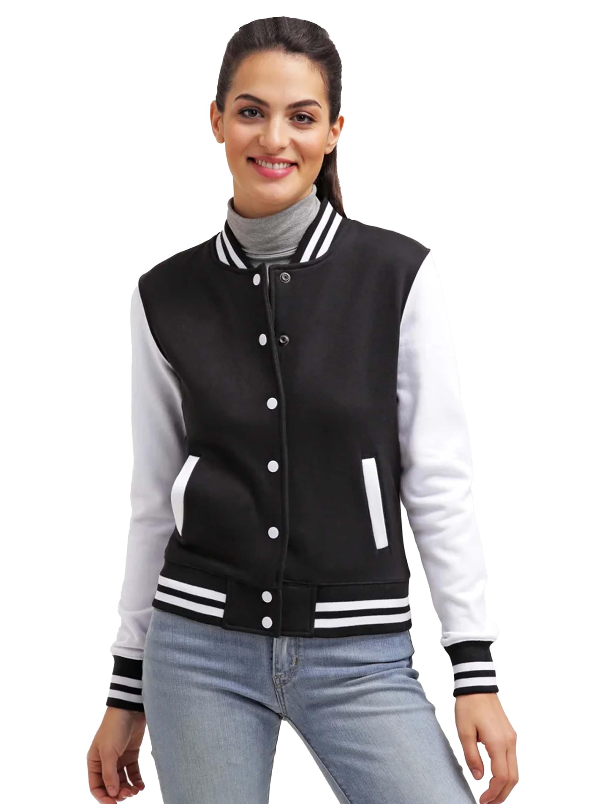 koverify Stylish Regular Fit Long sleeve Button Up Varsity Jacket for Women-picture-11