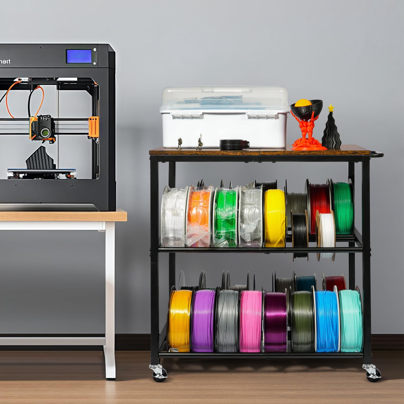 ikkle 3D-Drucker Filament Lagerregal mit Rädern – Schweres Metall Spulenhalter, 3-Etagen 3D Druckerzubehör Organizer für PLA/ABS/TPU/Nylon – Für 3D-Druckstation, Büro & Werkstatt, Braun