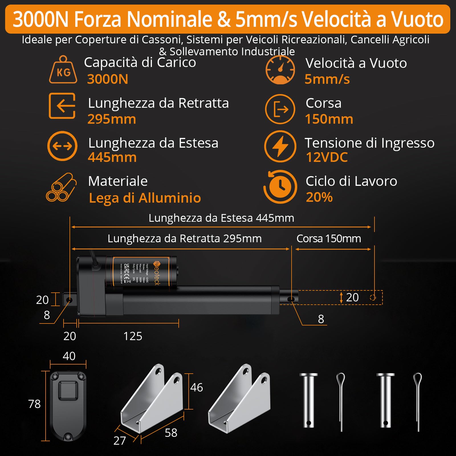 Neoteck Motore Lineare Elettrico 3000N 150mm 12V DC 3.5 mm/s a Carico 50 dB | Attuatore Lineare IP65 Finecorsa Integrato Certificato CE per Sollevatori Industriali Macchine Agricole Rimorchi Camion e CNC