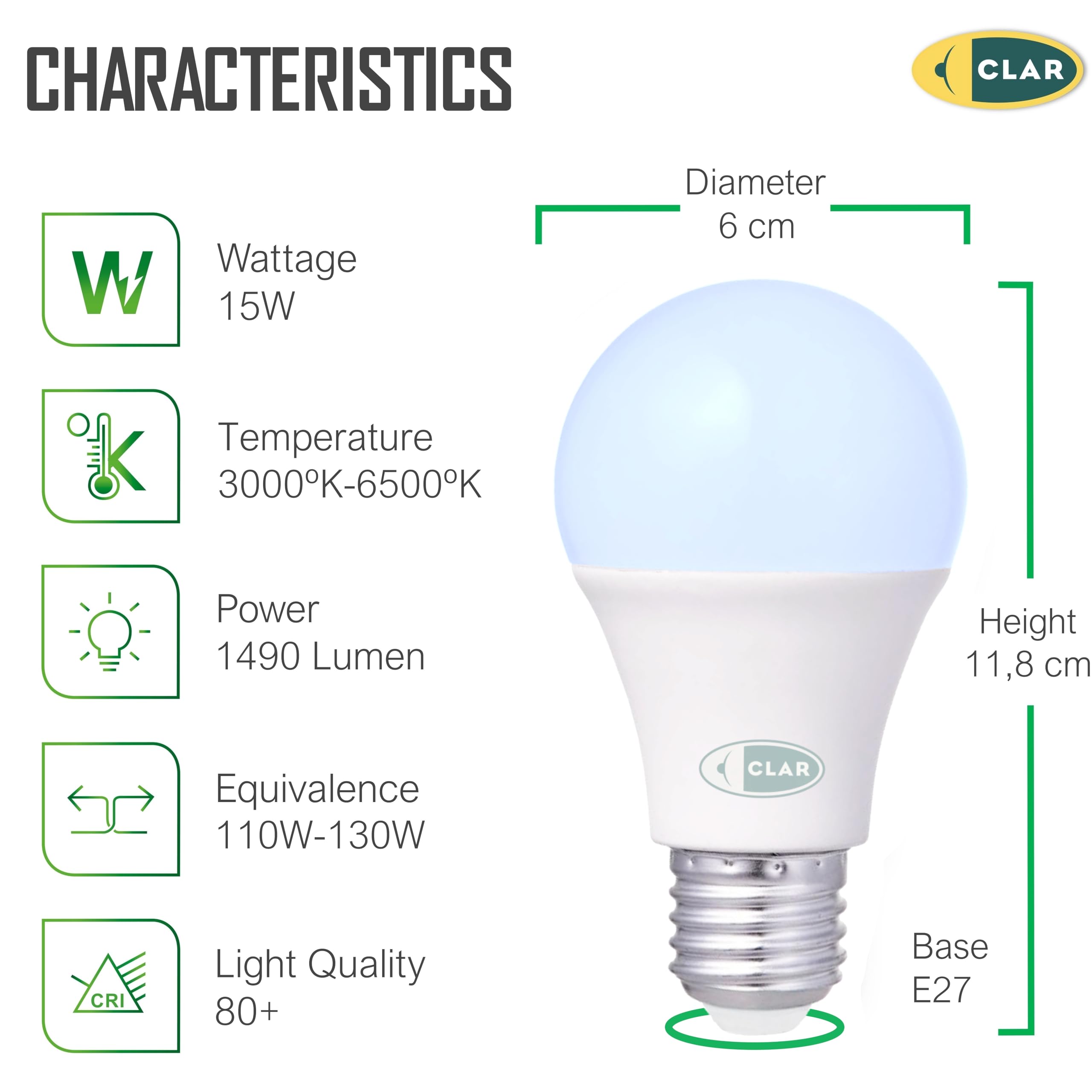 CLAR - E27 15W Cool White LED Bulb, 1200 Lumens, 6000K, Pack of 20, Cool White (6000ºk), 15W (Pack 20) - Image 2