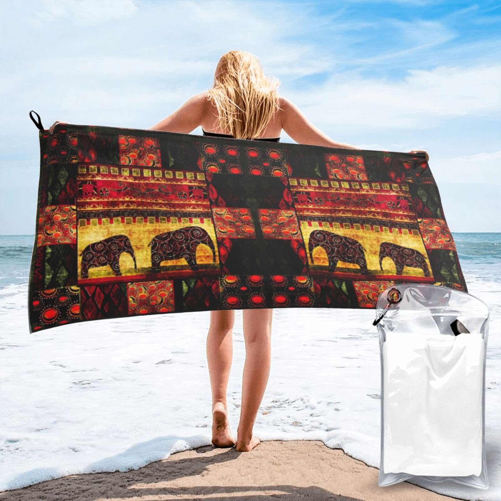 WYCZHY African Elephant Patchwork Print Beach Towel Soft Quick Dry For Spa Pool Gym Vacation Travelers Women Men Adults Sauna Gift