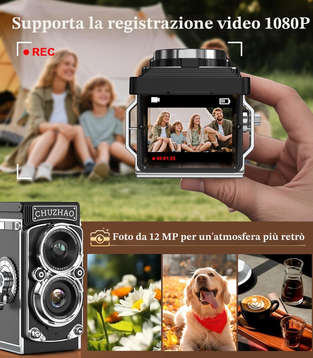 Mini fotocamera digitale retrò, Mini Macchina Fotografica Digitale Vintage 1080p FHD video 12MP autofocus punto e scatta, Fotocamera Tascabile compatta con scheda da 16 GB