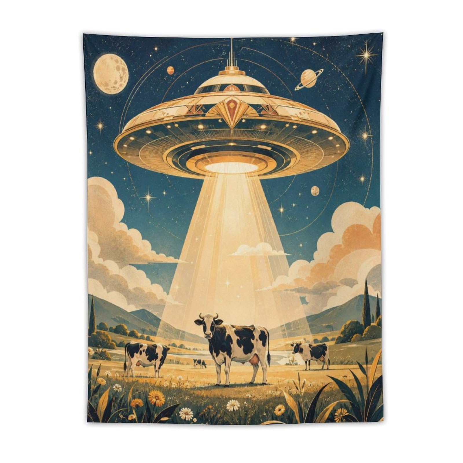 H3B8U2Y5 UFO Cattle Cosmic Sky Wall Tapestry, Ceiling Hanging