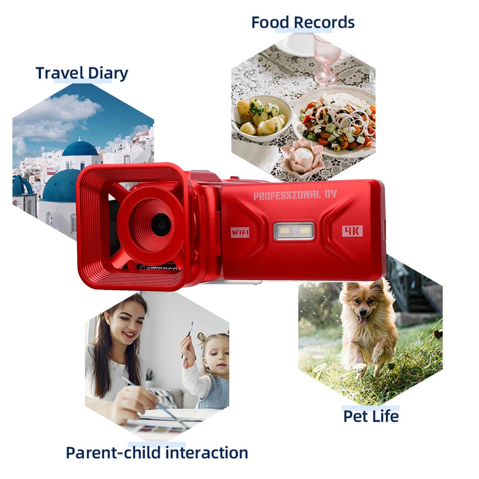 Kamera Wideo 4K, Kamera WiFi 64 MP z Obrotowym Ekranem 3,0 Cala, Stabilizacja Obrazu z 18-krotnym Zoomem Cyfrowym, do Nagrywania w Szkole Weselnej w Podróży (czerwony)