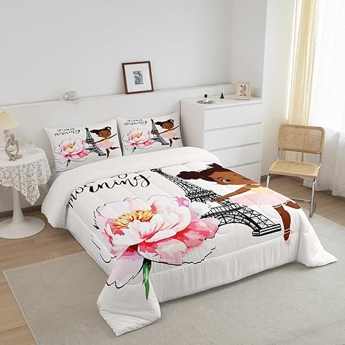 Miniatura 2 de Juego de ropa de cama de la Torre Eiffel para niñas, elegante juego de edredón de París, lindo relleno de edredón negro de ballet para mujeres,