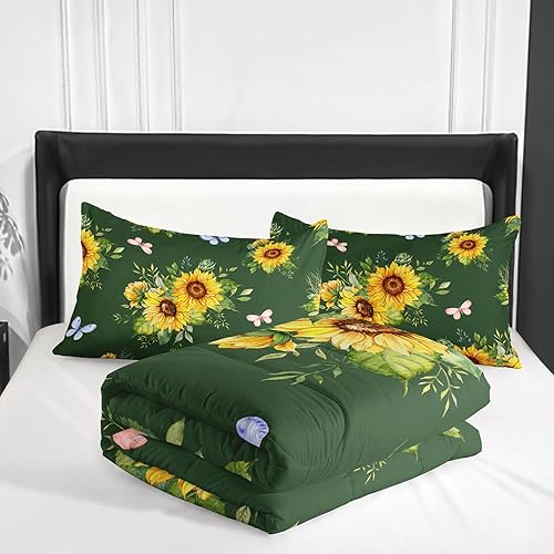 Miniatura 7 de Juego de edredón de 3 piezas con diseño de girasol verde, tamaño individual, juego de ropa de cama floral de granja para niñas y niños, ropa de cama
