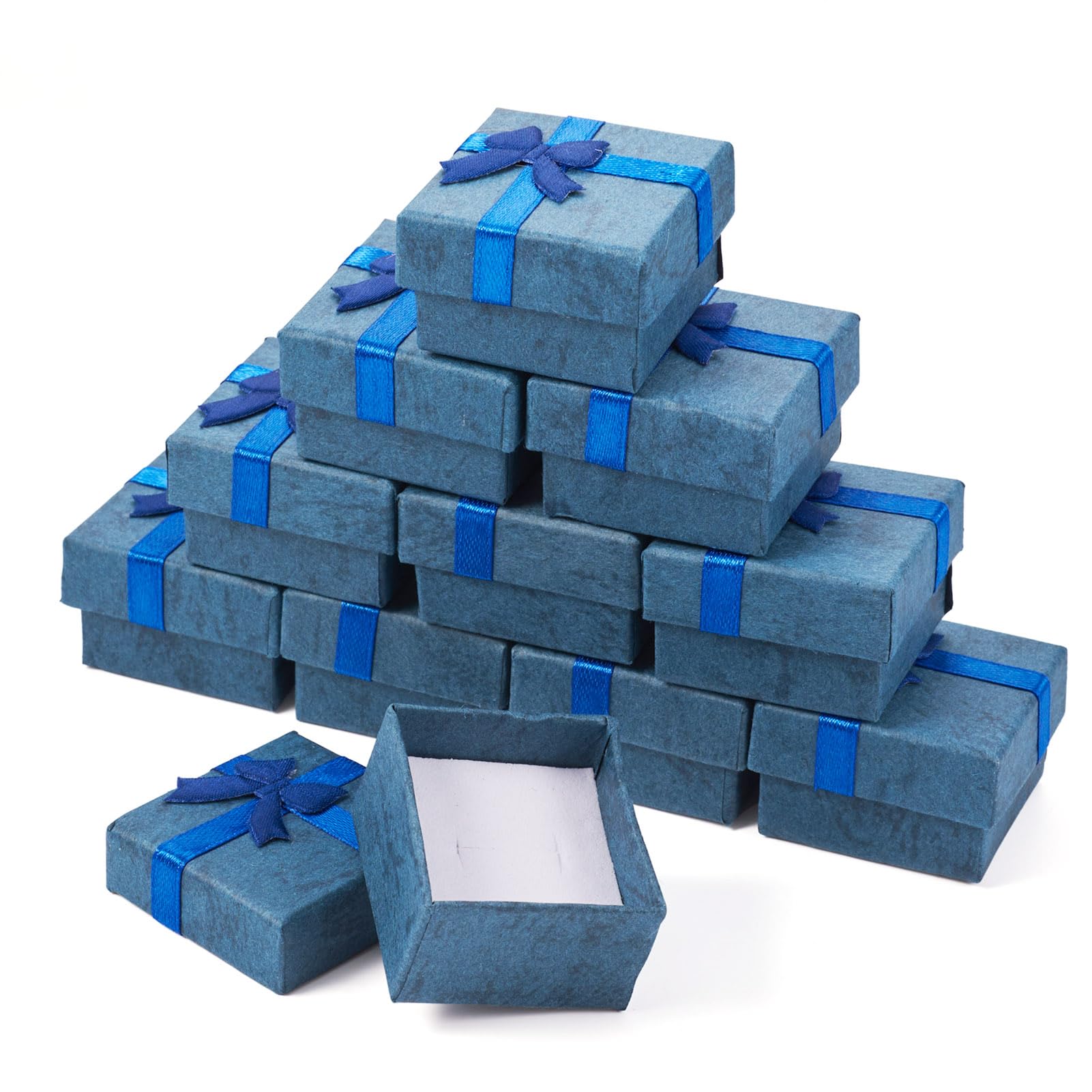Magibeads 12pcs Cardboard Square Gift Box Blue Ring Necklace Small Gift Boxes Bridesmaid Proposal Gifts With Bowknot Ribbon for Necklace Ring Earring Packaging Wedding Party Favour (Blue)