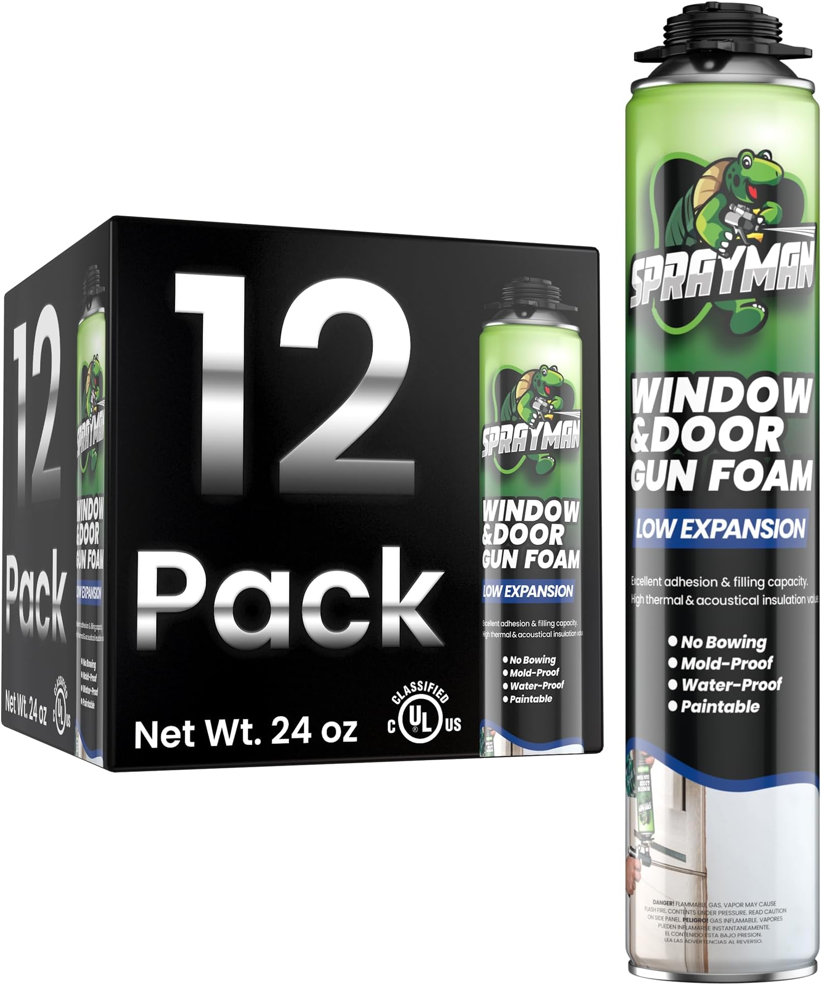 Sprayman Window & Door Expanding Spray Foam - (12x24oz) Low Expansion Polyurethane Spray Foam for Doors, Windows & Walls, Gun Use & Reuseable, Gun&Cleaner NOT Included - 12 Pack