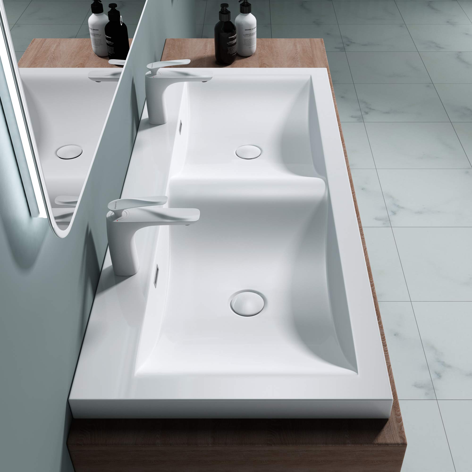 doporro Lavabo da Incasso 120 cm Doppia Vasca in Marmoresina Bianco Lucido, Lavabo Bagno Integrale Soprapiano con 2 Fori Rubinetto e Troppopieno Colossum03