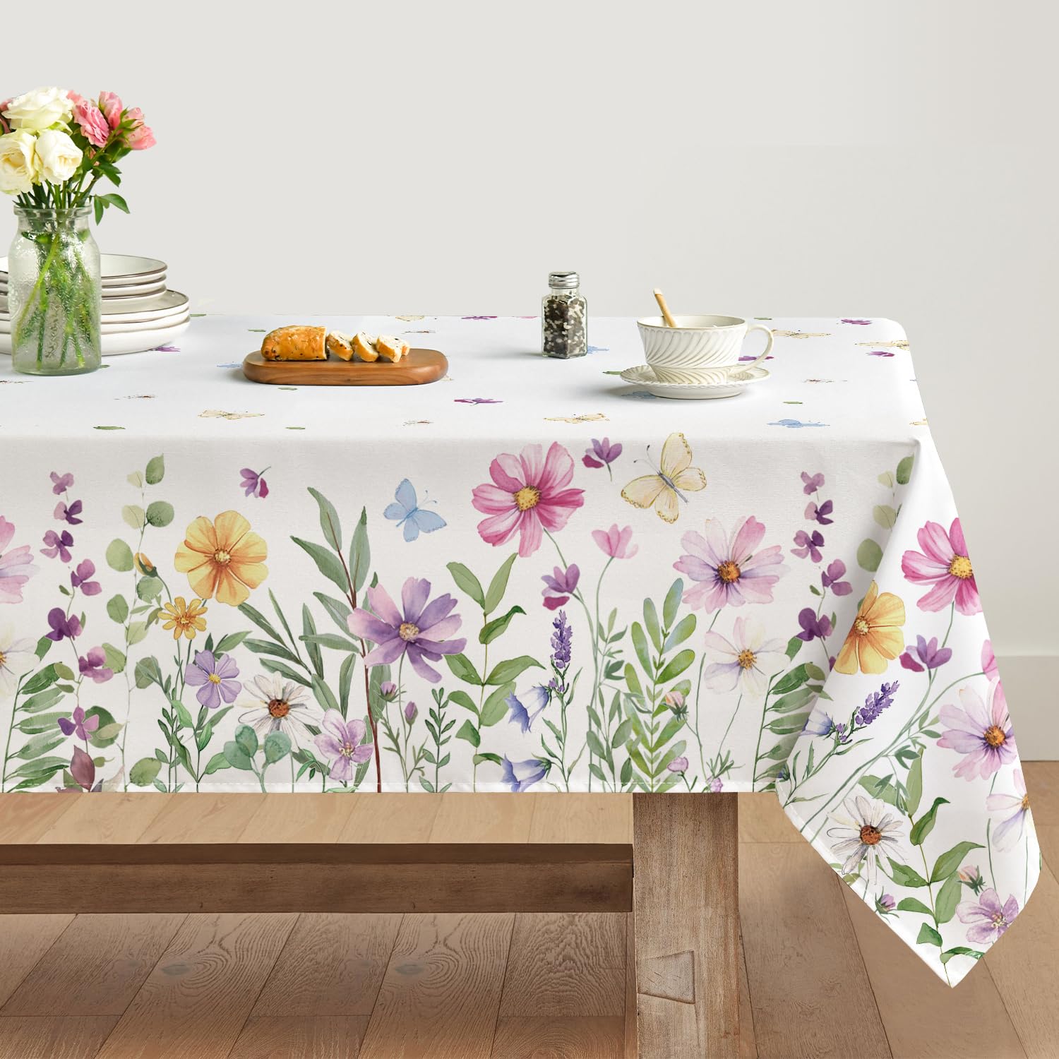 Artoid Mode Mantel de primavera con diseño de flores rosas y hojas y mariposas, 140 x 110 cm, temporada de verano, protección antimanchas, mantel de cocina, decoración de fiesta