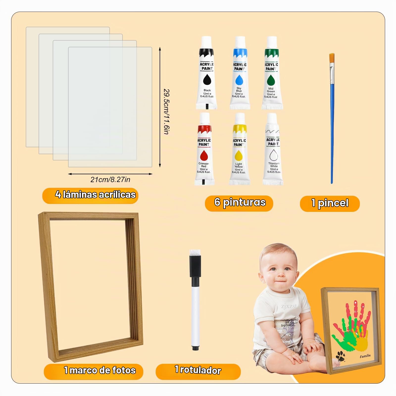 Set Huellas Familia, Marco de Madera Grande 31 x 22,4 cm, Kit Huellas de Manos y Pies Bebé, Pinturas No Tóxicas, Regalo para Recién Nacidos
