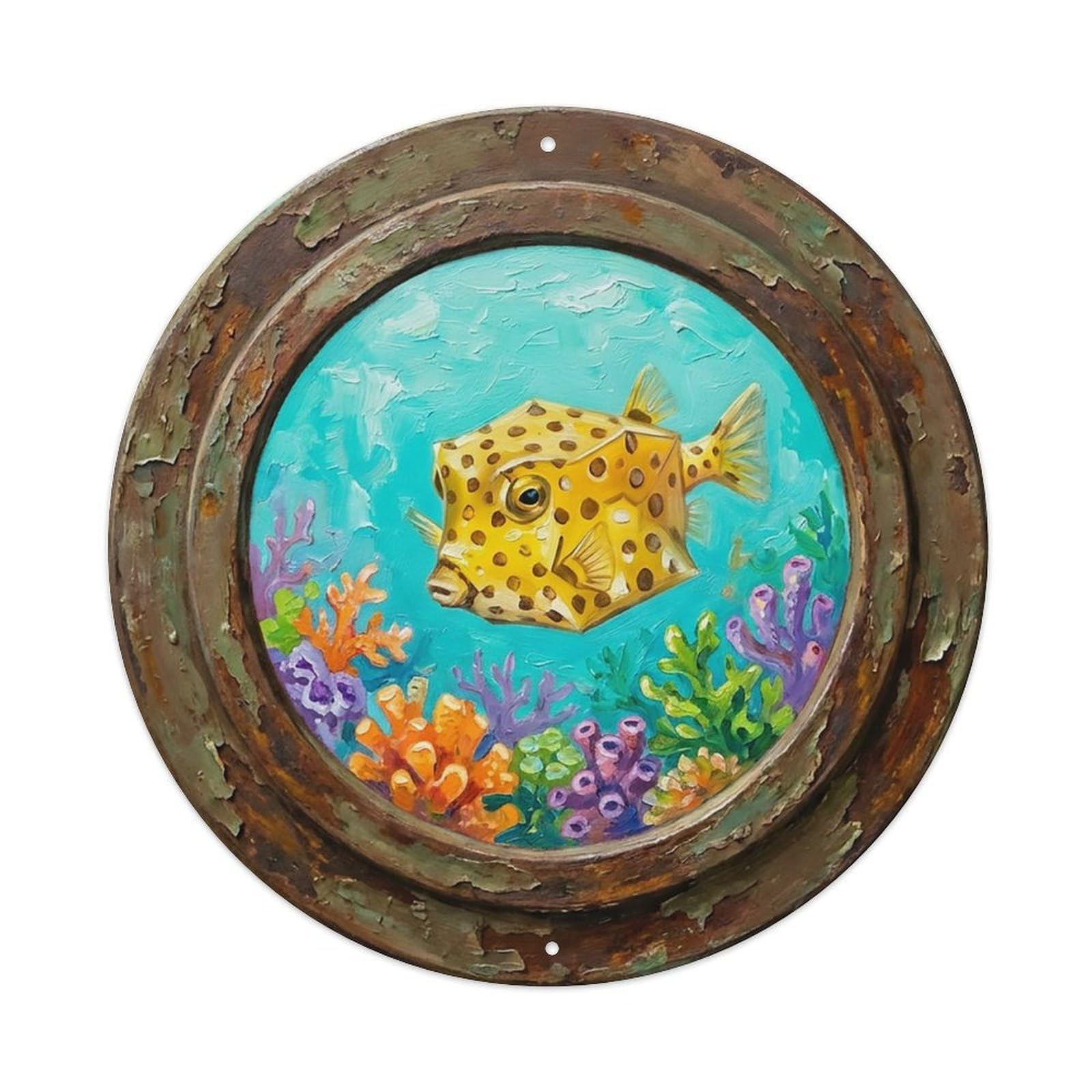 Vintage Porthole Boxfish Ship Window Undersea Deep Sea Metal Tin Sign