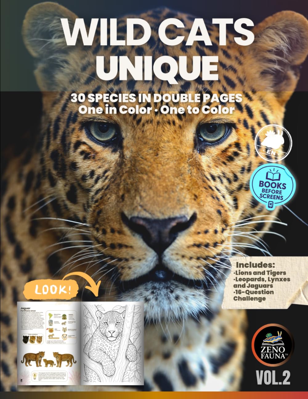 WILD CATS – UNIQUE: Educational Illustrated Book with 30 Species in Double Pages – One in Color, One to Color – Ideal for Kids, Teens, and Curious Families (Unique Animals)