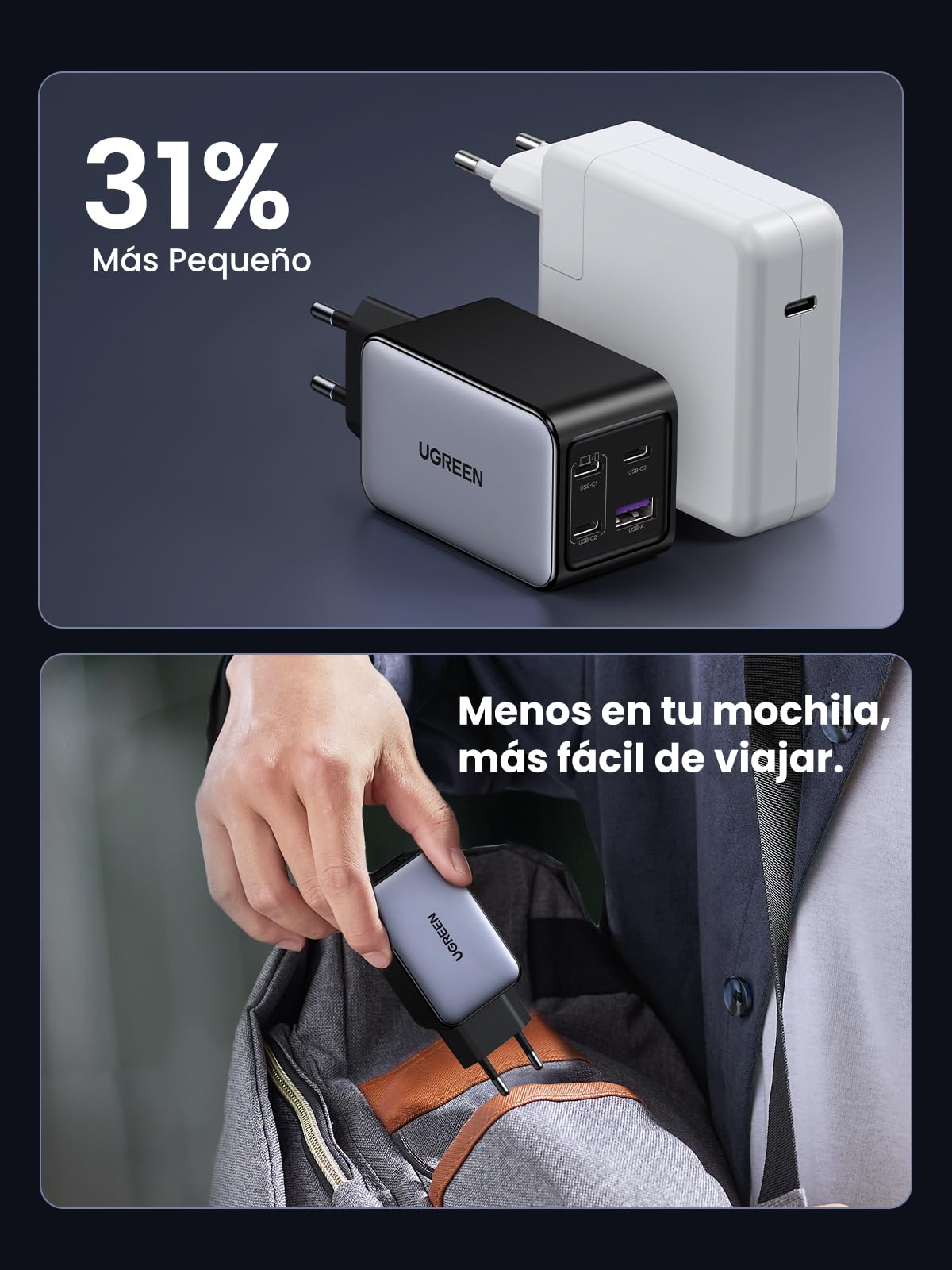 UGREEN Nexode 65W Cargador 3 USB C y 1 A Adaptador de Corriente GaNInfinity | PD 3.0 PPS 25W Compatible con iPhone 17 Pro Max Air 16 15 14 13 Galaxy S26 25 24 Pixel 10 Pro iPad MacBook M5 M4 Steam Deck