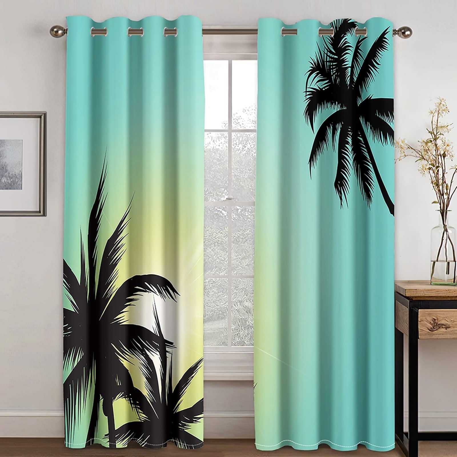 Cortinas para dormitorio, cortina de salón pequeña ventana azul verde paisaje soleado de cocoteros poliéster juego de 2 488 x 274 cm