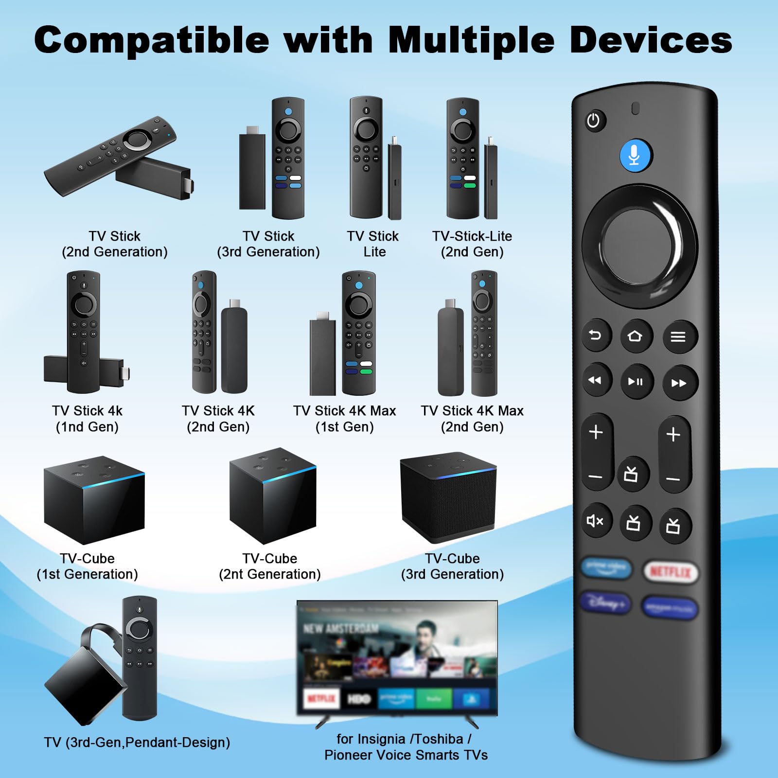 Telecomando Vocale Sostituzione,Applicabile Fire-TV-Stick Smart TVs (Lite & Gen 2 & Gen 3 & 4K),Applicabile Fire-S-tick Smart TVs Cube Gen 2 & Gen 3
