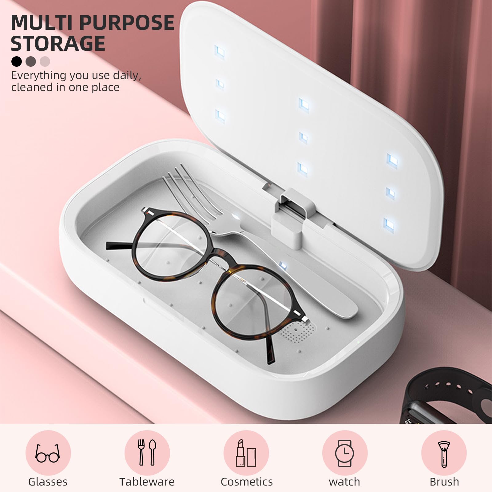 Caja de limpieza de teléfono con luz UV, limpiador UV portátil con ángulo de 360° sin muerto, para máscaras de teléfono, cepillos de dientes, joyas, brochas de maquillaje, gafas, llaves