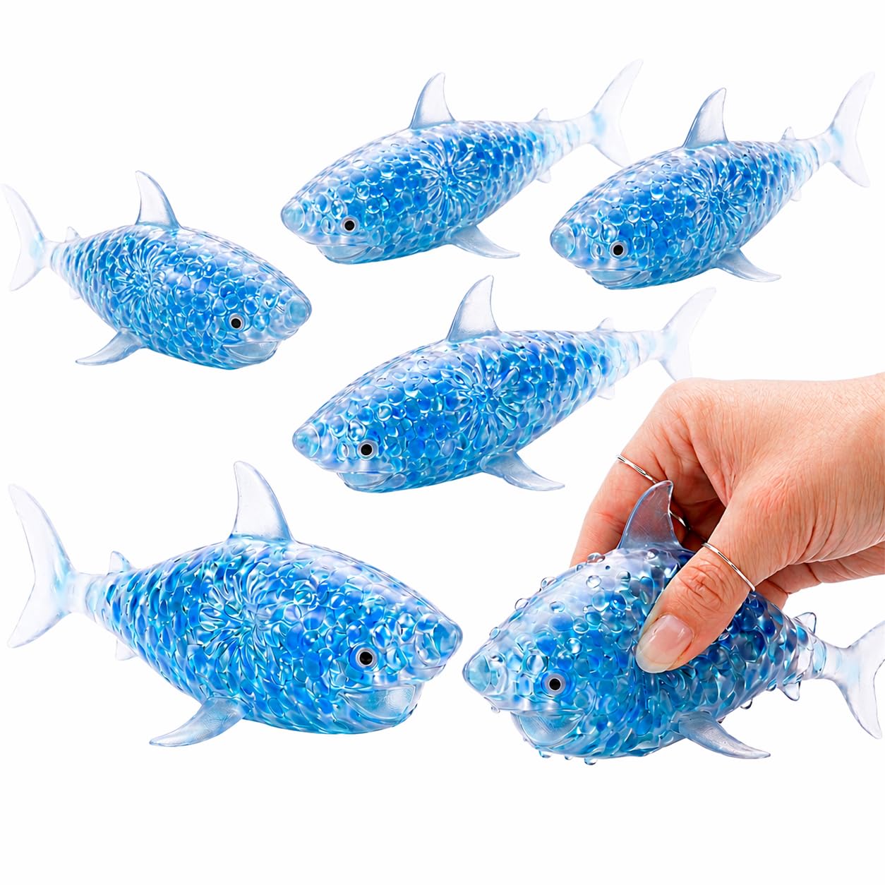 Shark Squishy Toy Set of 5, Blue Ocean Gel Bead Filled Stretch Fidget Animals, Soft Pressure Relief Sensory Stress Hand Toys for Focus Training, Calm Desk & Travel Relaxation Pack 14cm