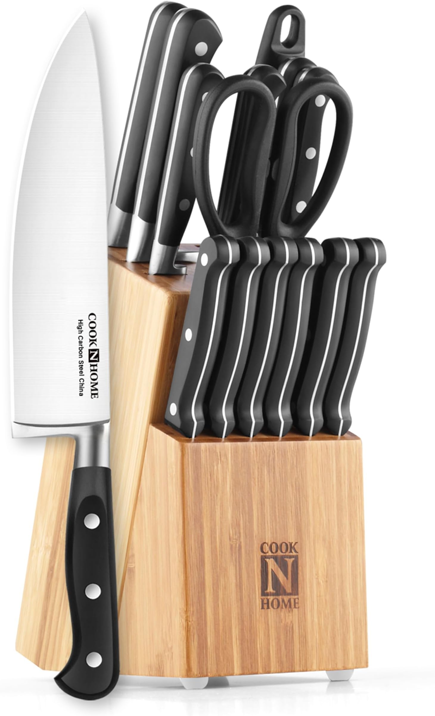 Kitchen Knife Set with Bamboo Storage Block 15-Piece, High Carbon Stainless Steel Blade, Black