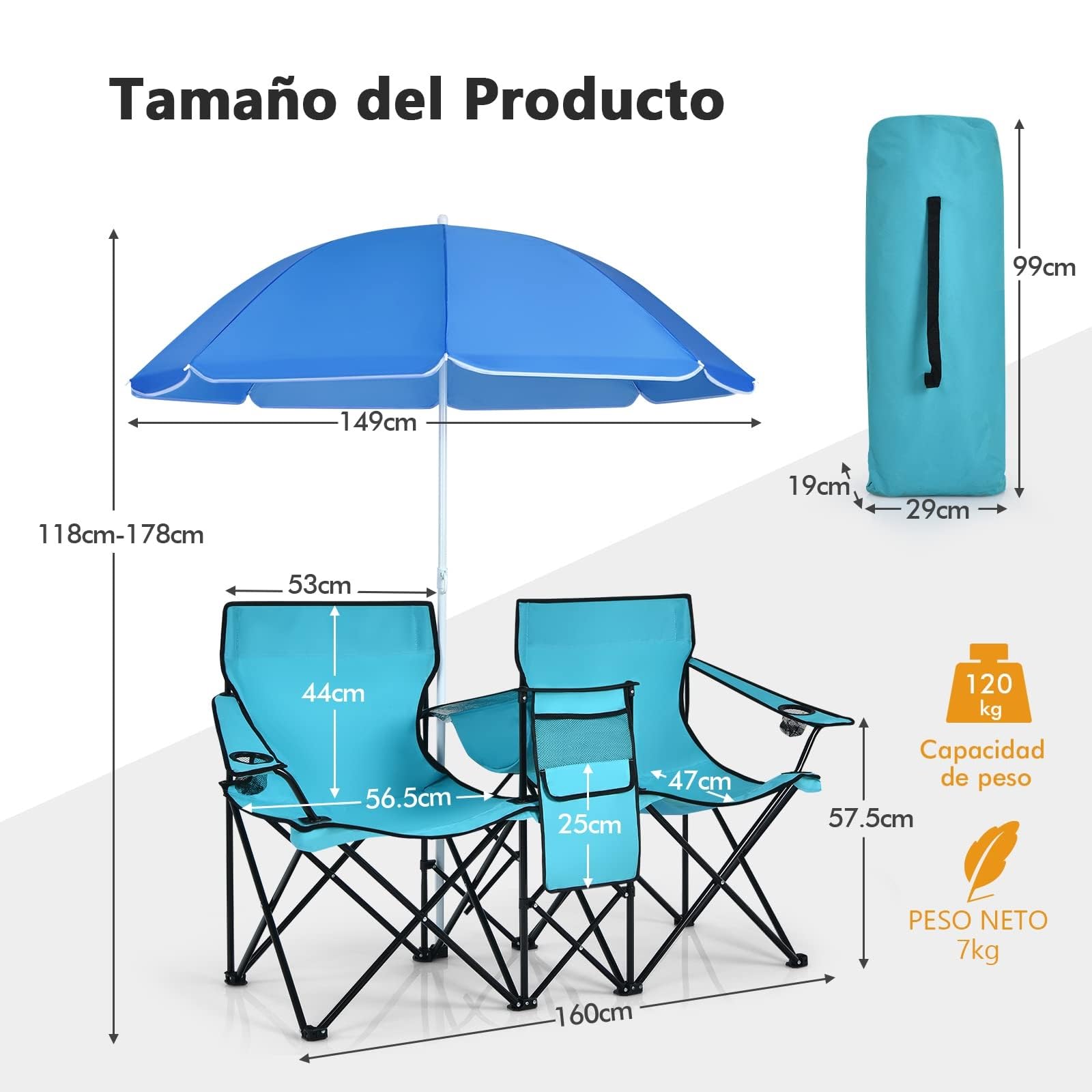 COSTWAY 2 Sillas de Camping con Sombrilla, Sillas Playas Plegables Doble, Portavasos, Bolsa Nevera, Bolsilla Lateral, Bolsa de Transporte, Exterior Picnic Senderismo Barbacoa, 160x56x178cm (Verde)