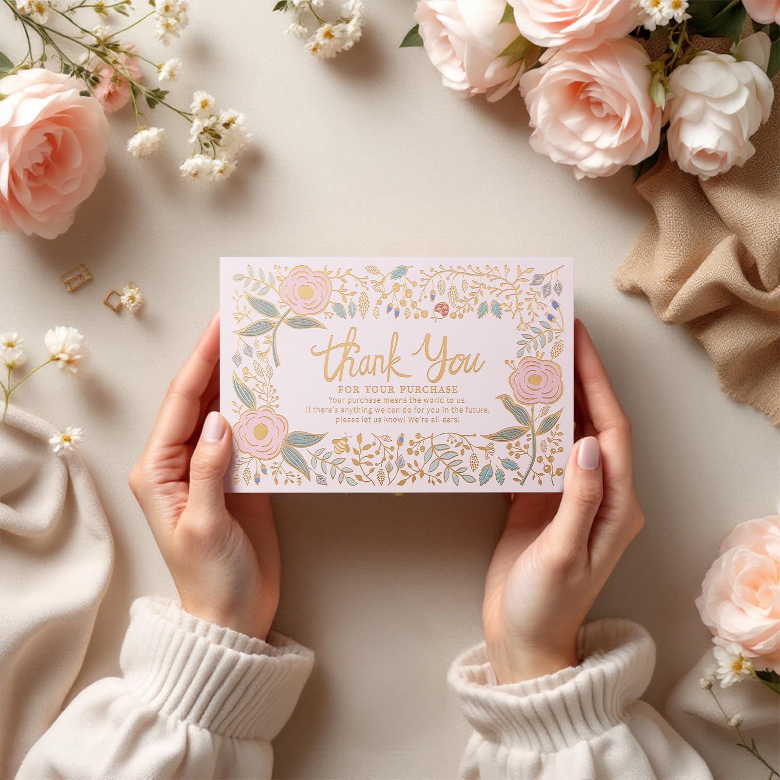 Prims & Flourish Thank You for Your Order Cards Pack of 50 Thank You for Your Purchase Cards Gold Foil Floral, 4 x 6 Inches - Image 3