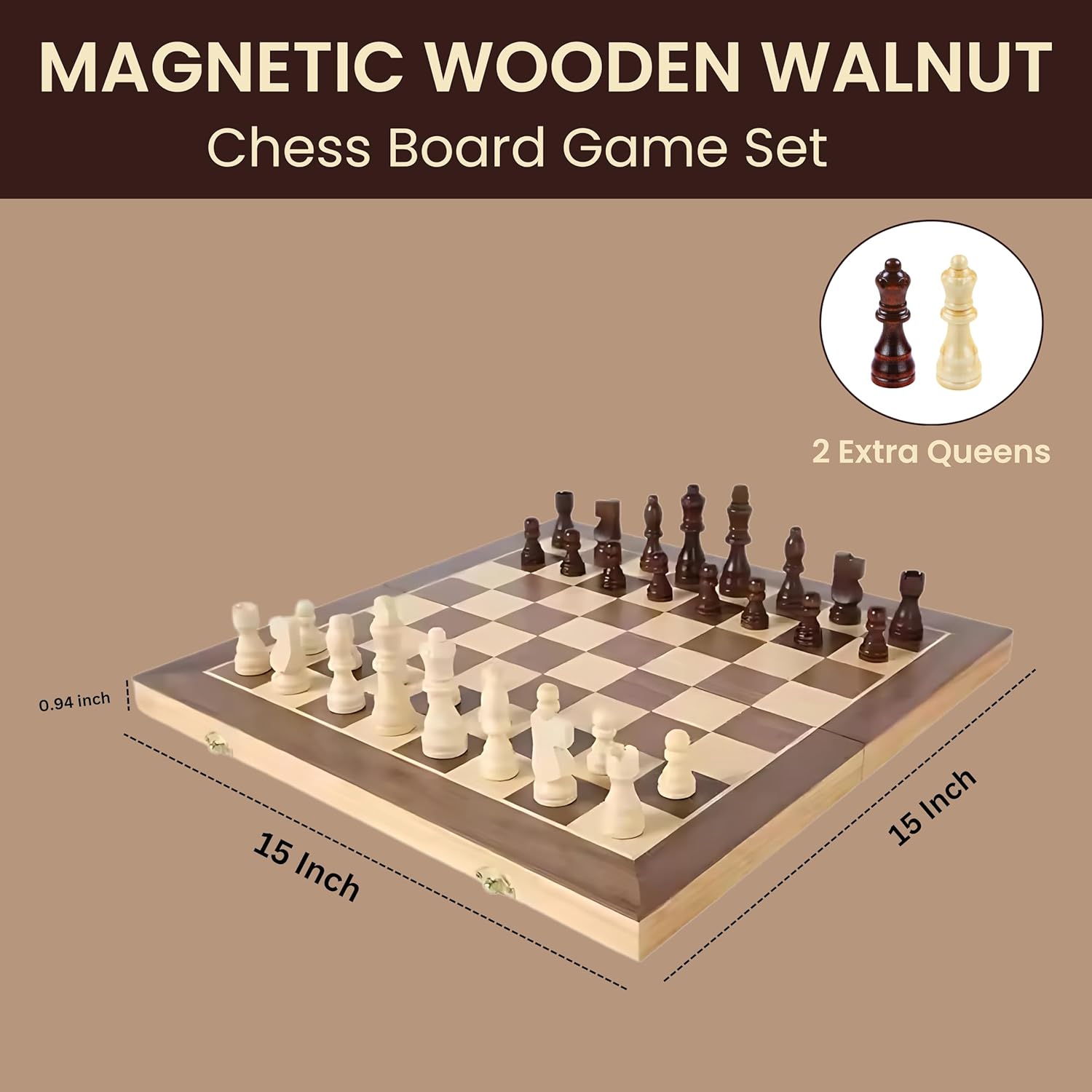 AS Chess Board for Adult | Wooden Walnut Chess & Checkers Set - Chess Board Game | Foldable -15 Inch - 2 Extra Queens | Magnetic Chess Game with Storage Slot | Travel Unique Portable (Walnut 15 inch)