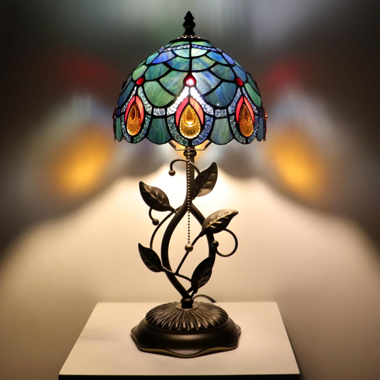 Small Tiffany Lamp Sea Blue Peacock Tail Style Stained Glass Table Lamps Desk Bedside Reading Light 8X8X18 Inches with Bronze Metal Leaf Resin Base
