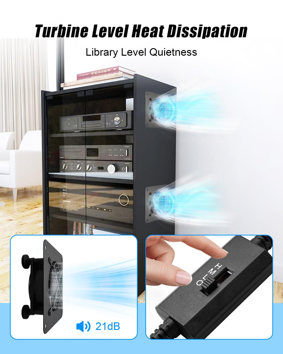 USB Cabinet 80mm Quiet Cooling Fan System with Speed Control, Metal 4" USB Powered AV Cabinet Fan for Home Theater, Game Console, Network Cabinet, Silent Operation(2 Fan Kit)