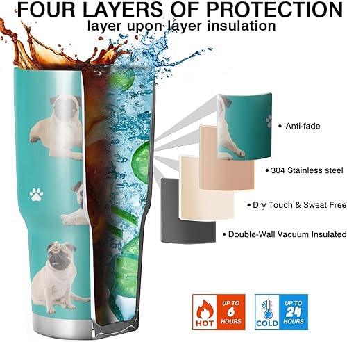 Miniatura 4 de Divertido vaso de perro de carlino para mujeres y hombres, doble pared de acero inoxidable aislado al vacío, vasos para botella de agua para
