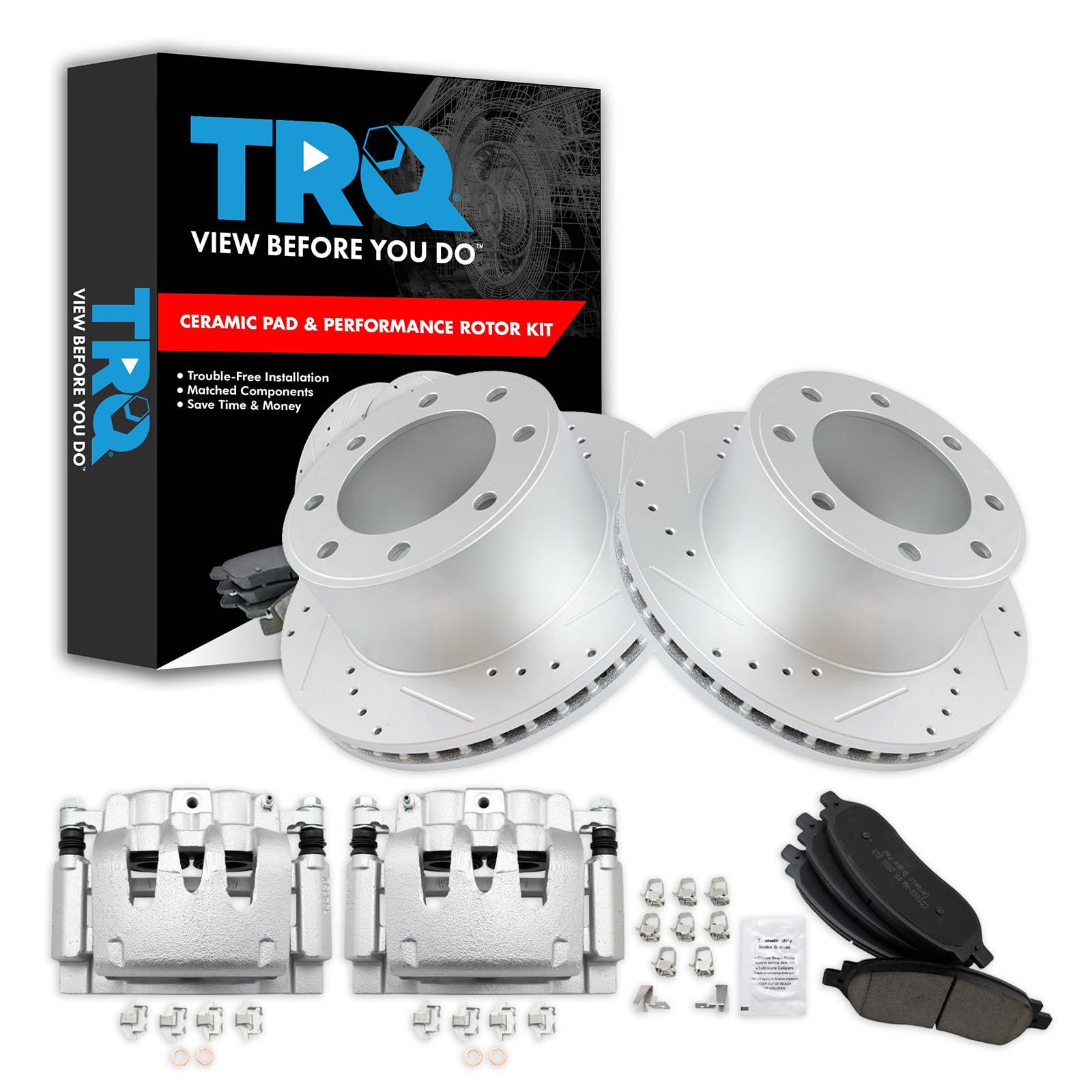 TRQ Rear Performance Brake Pad, Caliper, &amp; Rotor Kit Ceramic Vented Premium G-Coated Compatible with 2006-2007 Ford F-250 Super Duty F-350 Super Duty