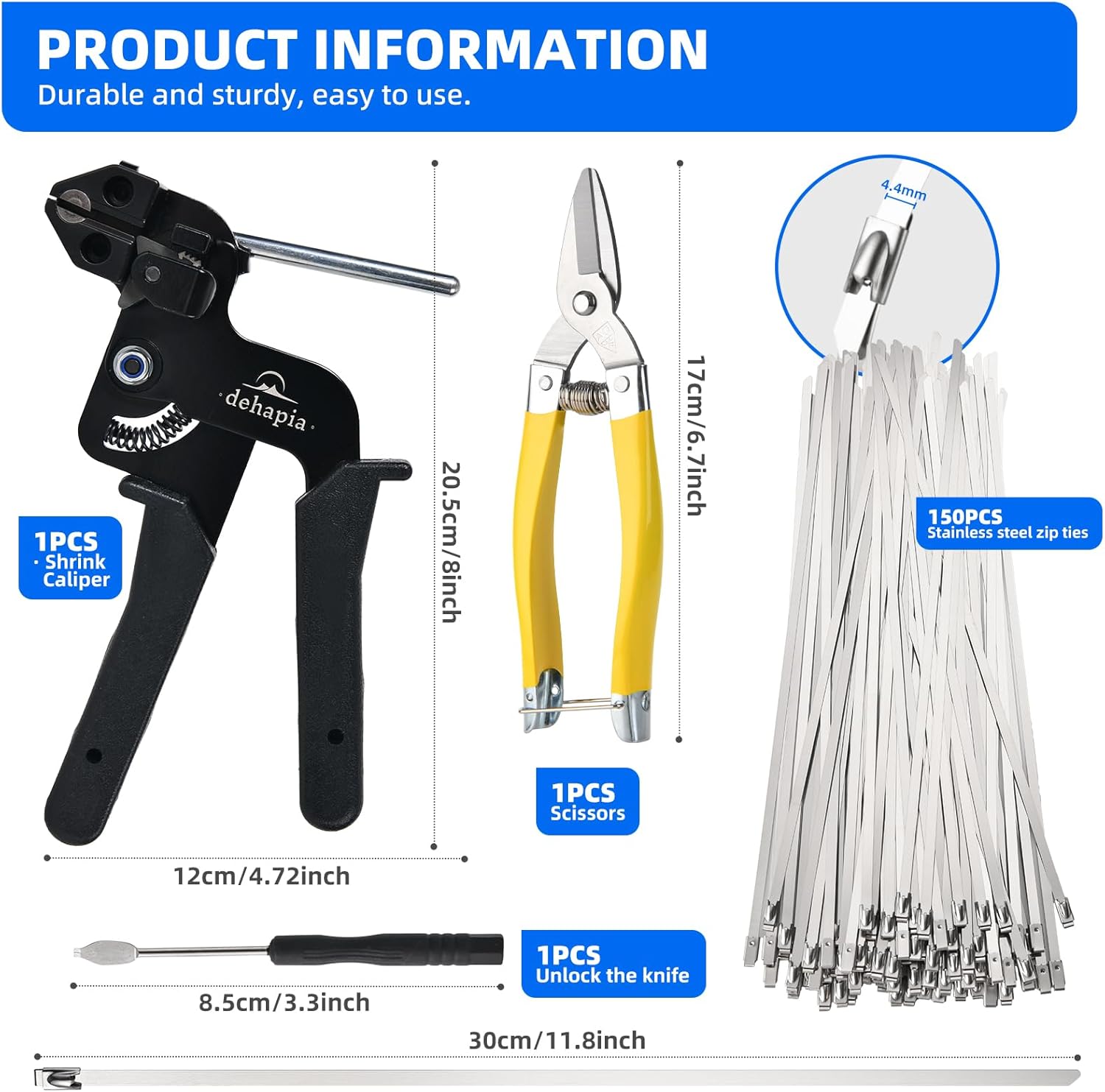 Heavy Duty Stainless Steel Cable Tie Gun Kit – 150 PCS 11.8" 304 Metal Zip Ties with Professional Tensioning & Flush Cutting Tool for Fence, Exhaust & Outdoor Use