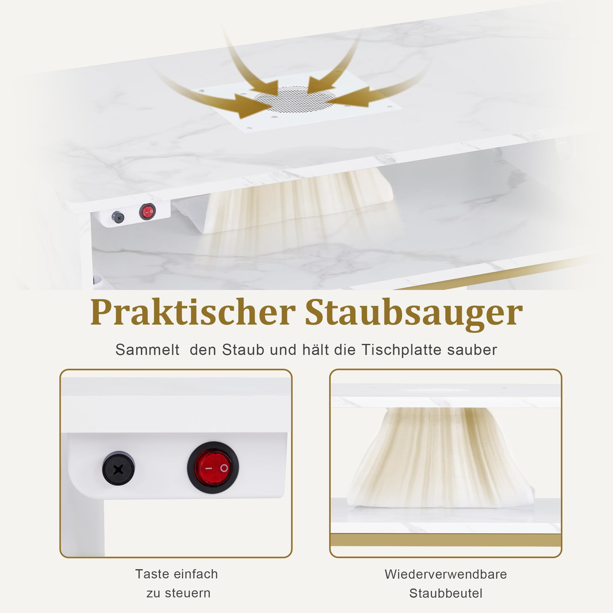 Barberpub Manikürtisch mit Schublade & Schrank, Nageltisch mit Absaugung, 3 Steckdosen, 2 Staubsaugerbeuteln, Nagelfrisiertisch Holz, Schreibtisch für Nagelstudio, Marmor-Weiß Gold, 50x110x82cm, 2491