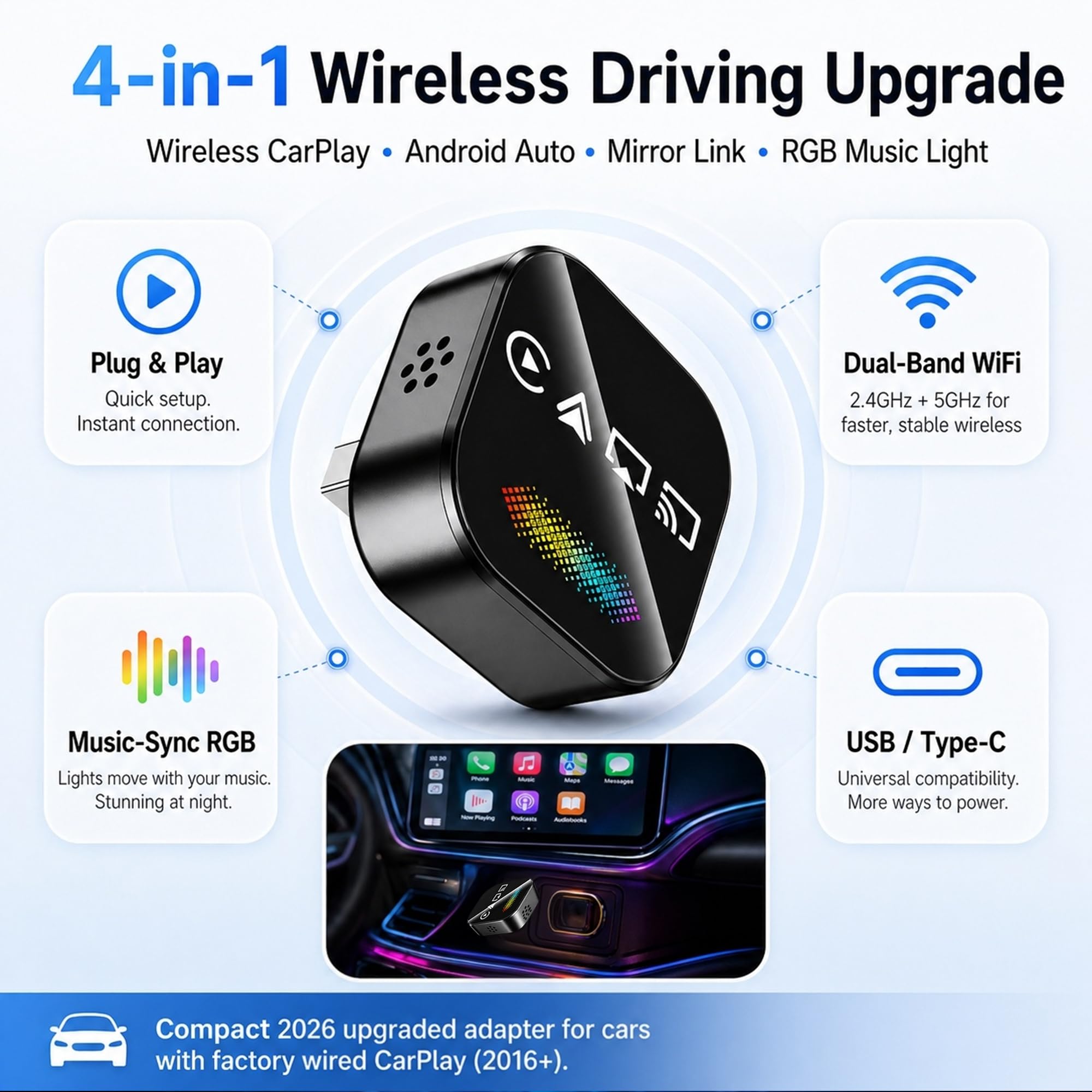 auvstar Adaptateur CarPlay & Android Auto sans Fil, 2026 Optimisé 4en1 RGB Mirror Link USB/Type-C iOS 11+ Android 12+ Voitures avec CarPlay Filaire à partir de 2016