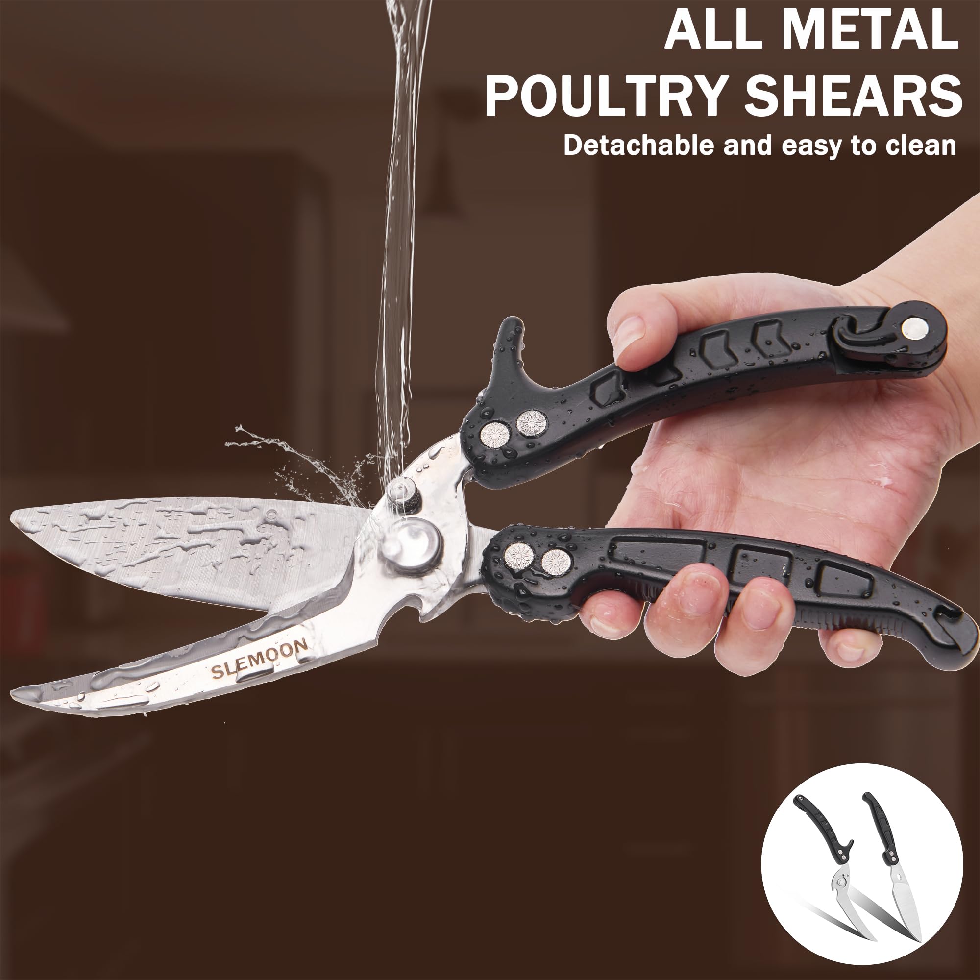 Tijeras de cocina, tijeras de cocina resistentes con borde dentado, desmontables como cuchilla, multiusos de acero inoxidable, afiladas para alimentos, para pollo, aves, peces, hierbas, color negro