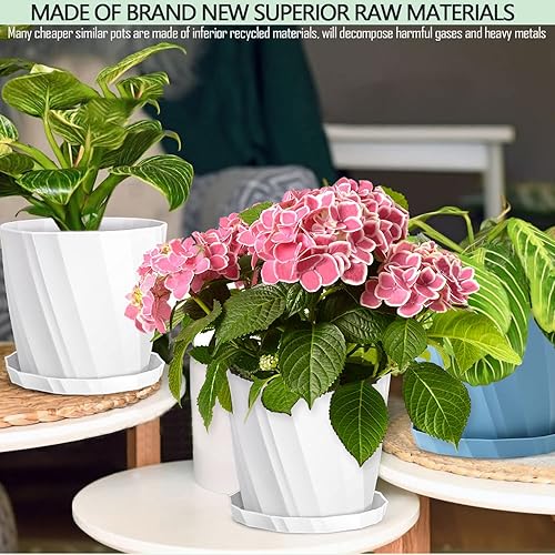 Miniatura 4 de Macetas de 8 pulgadas con agujeros de drenaje y platillos - Macetas para plantas de interior - Macetas de plástico blanco para plantas al aire libre
