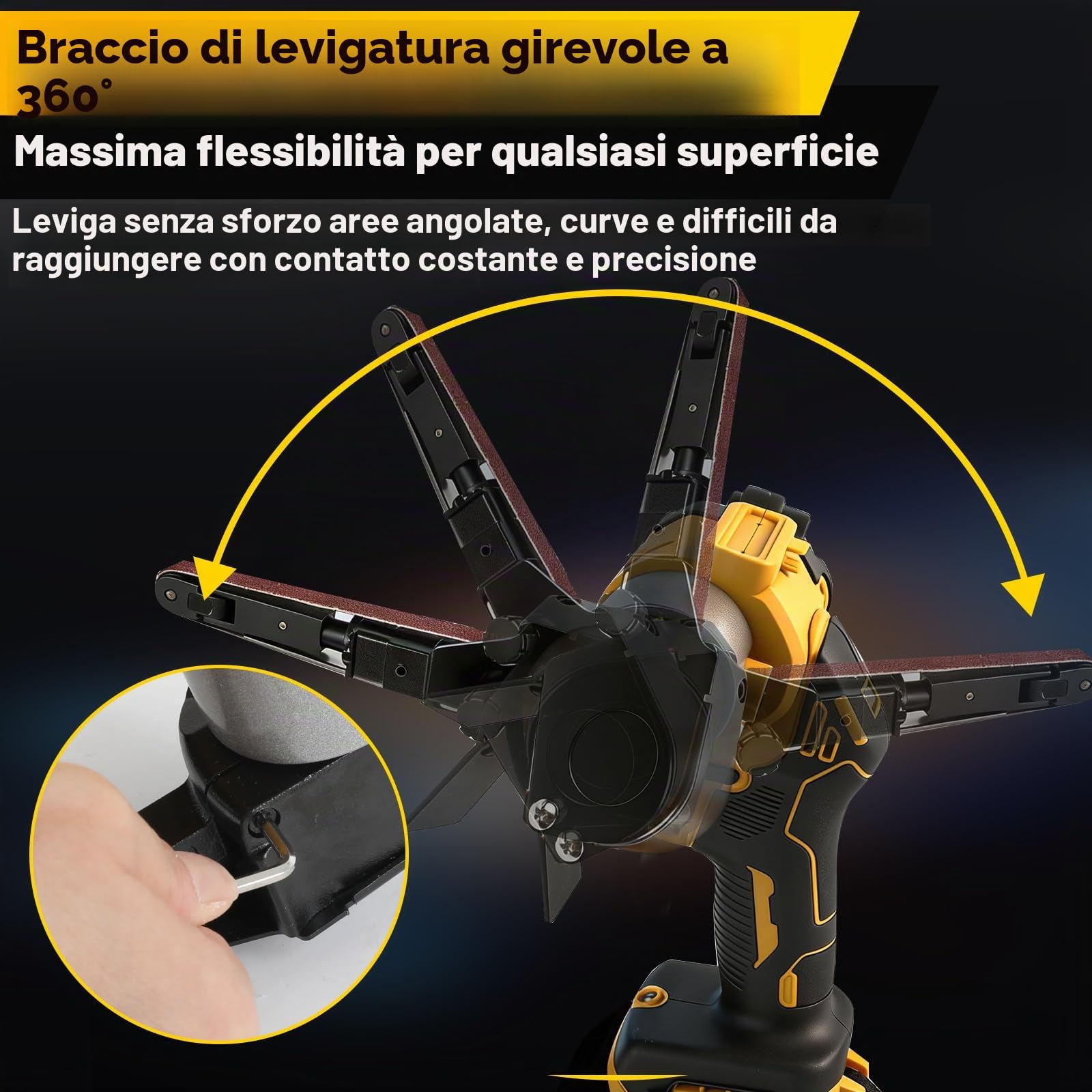 Levigatrice a nastro cordless compatibile con batteria Dewalt 20 V, levigatrice a cinghia senza spazzole regolabile a 360° da 0 a 13.000 giri/min con 20 nastri abrasivi per legno, metallo e plastica