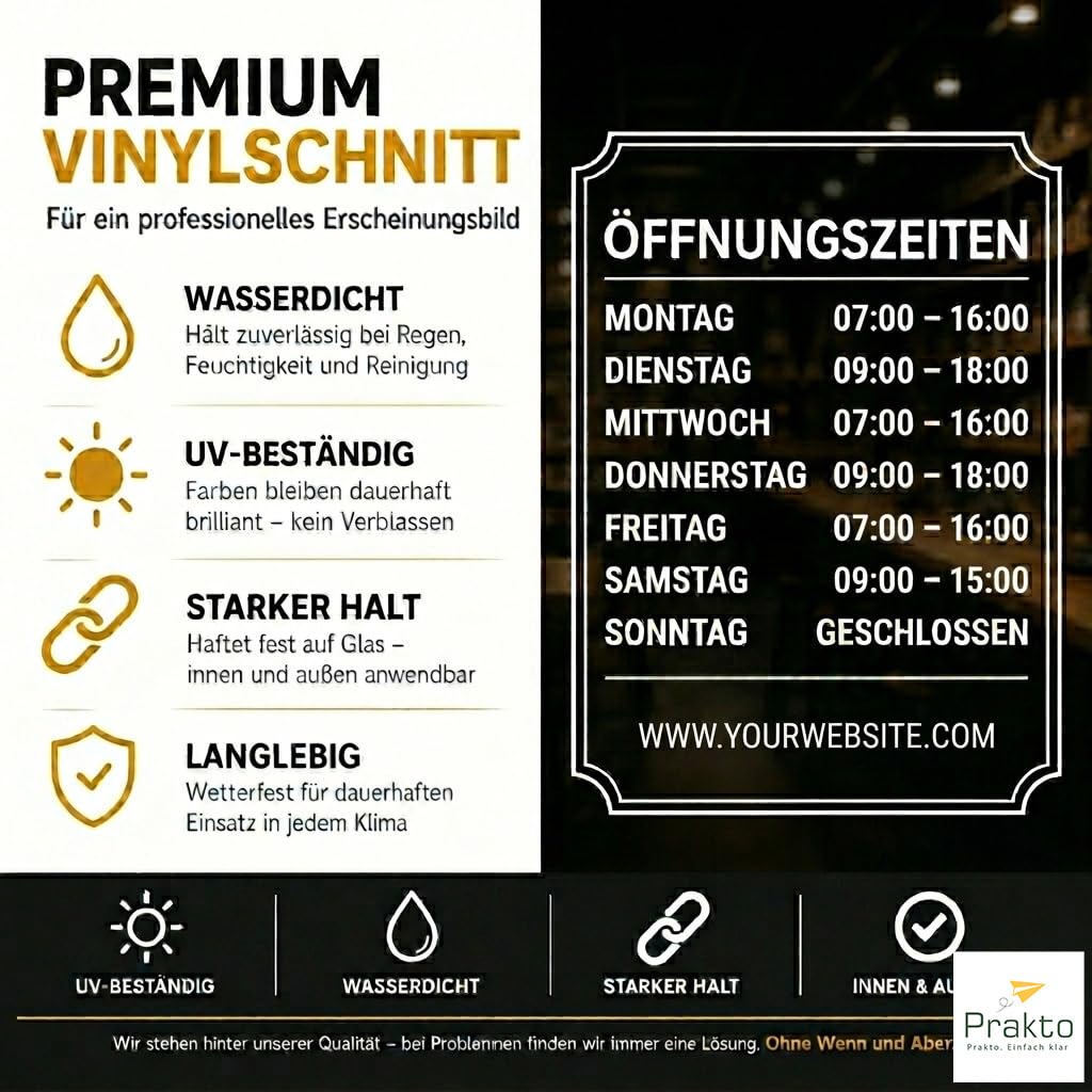 Öffnungszeiten Aufkleber Schaufenster mit Rahmen 23x30 cm – Wunschtext Fensterfolie Schaufensterbeschriftung – wetterfest weiß für Glastür Geschäft Laden – Made in Switzerland