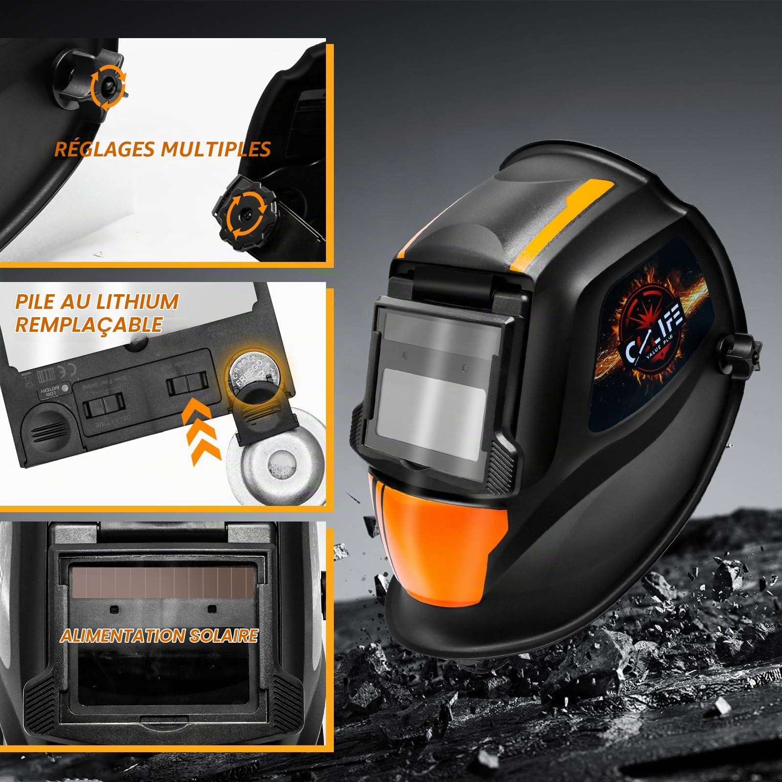 CCLIFE Casque Soudure Rabattable Vraie Couleur Casque de Soudage Automatique Large écran 92 × 42 mm 2 Capteurs Auto Assombrissement Solaire Masque de Soudage Niveau Optique : 1/1/2/2 DIN16