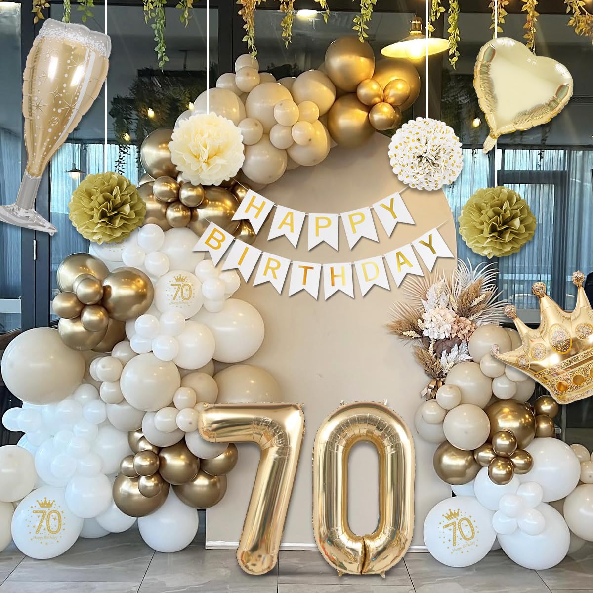 Palloncini 70 Anni Compleanno Donna – Decorazioni Oro E Verde Avocado Con Numero 32" E Banner Happy Birthday