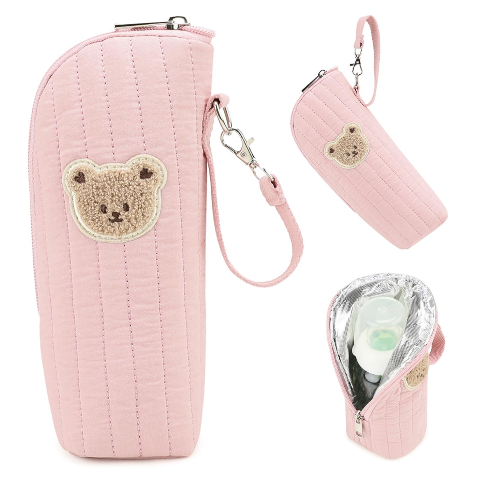 Insulated Baby Bottle Bag with Adorable Bear Embroidery - Breastmilk Cooler Travel Bag for On-the-Go, Portable Bottle Carrier with Handle for Stroller Style 1 Insulated Baby