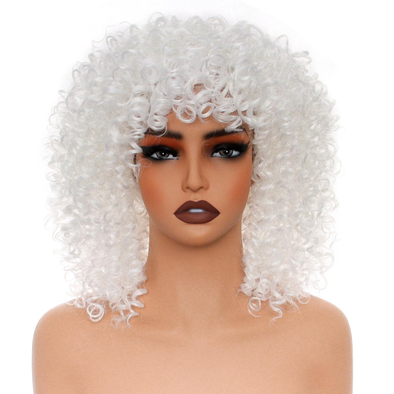 PORSMEER 14 Inch Kinky Curly Wigs for Black Women Afro Bomb Curly Wig with Bangs Synthetic Fiber Glueless Long Deep Wave Hair (White) - Image 2