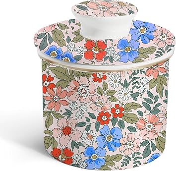 Ceramic Butter Dish With Vintage Pink Floral Print,Cute Flower French Butter Crock for Counter With Water Line Butter Container Keeper Storage Fresh Spreadable Butter with Lid for Home Decor