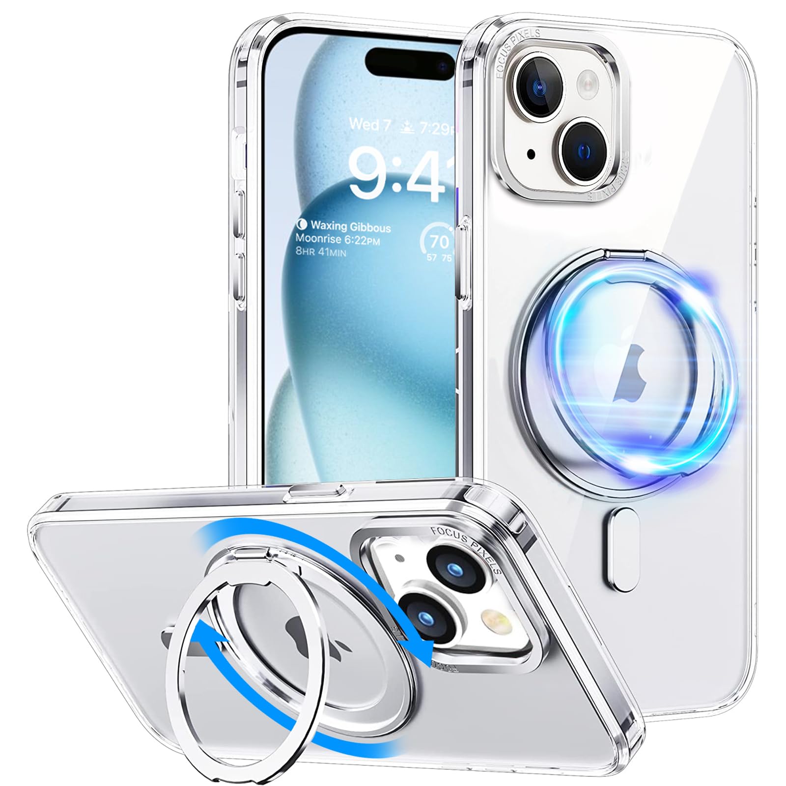 UCHUANG for iPhone 15 Case with 360° Rotatable Magnetic Invisible Ring Stand Slim Thin Translucent Matte Protective Magsafe Cover for Apple iPhone 15 6.1 inch - Transparent