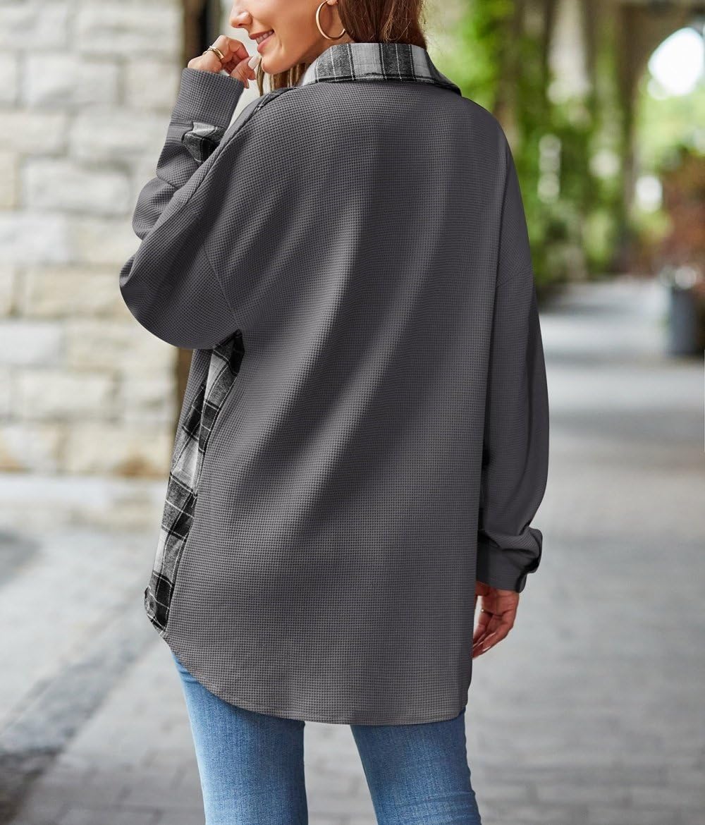 Damskie koszule z długim rękawem w kratę patchworkowe na co dzień kurtka szekla, vintage czarny kardigan z klapą koszule zapinane na guziki z kieszenią moda luźna odzież wierzchnia w stylu