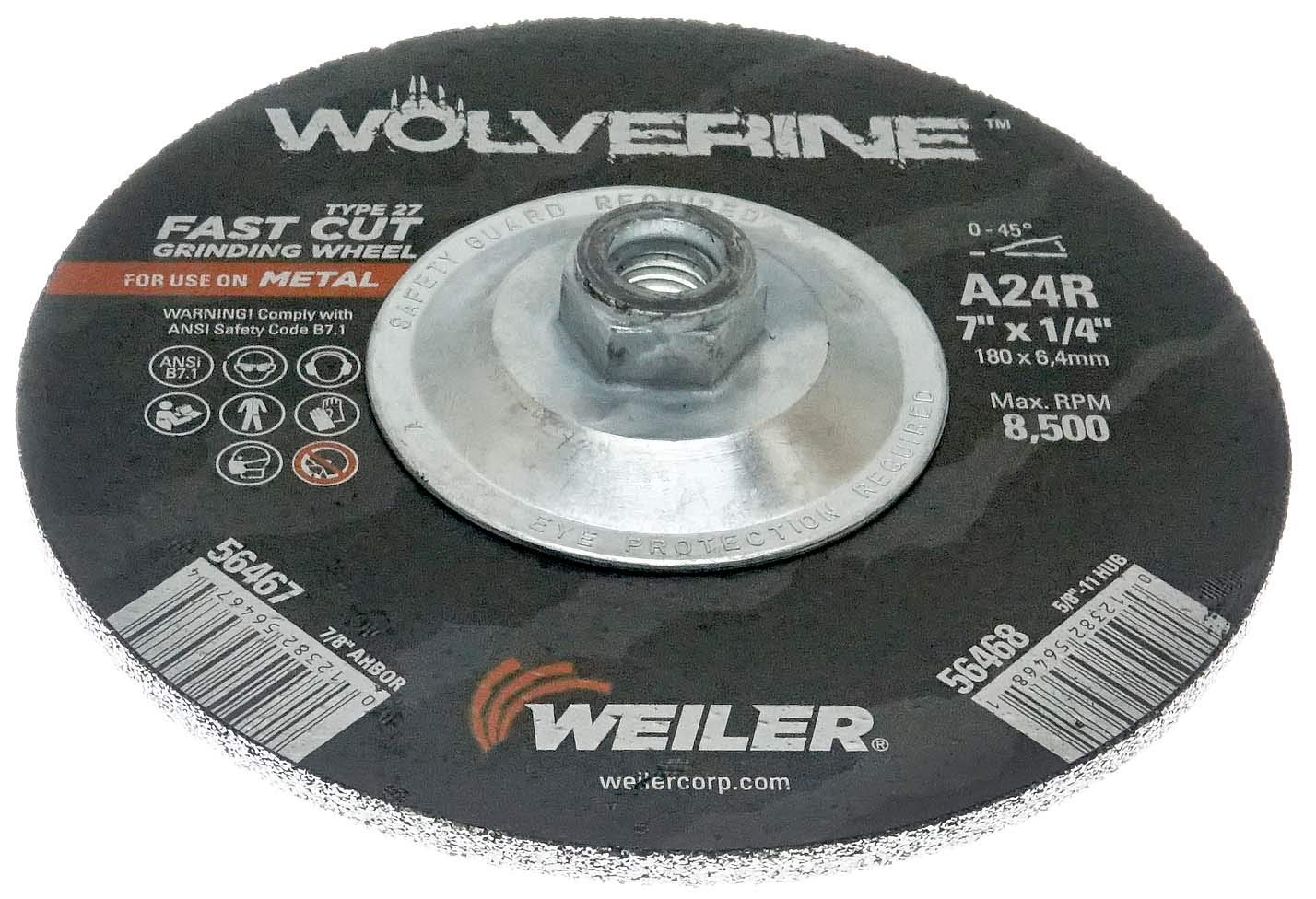 Weiler 56468 Wolverine - Mola abrasiva tipo 27, A24R, 5/8" 11 dado UNC, 7 x 1/4", ossido di alluminio, diametro 7 cm (confezione da 10)