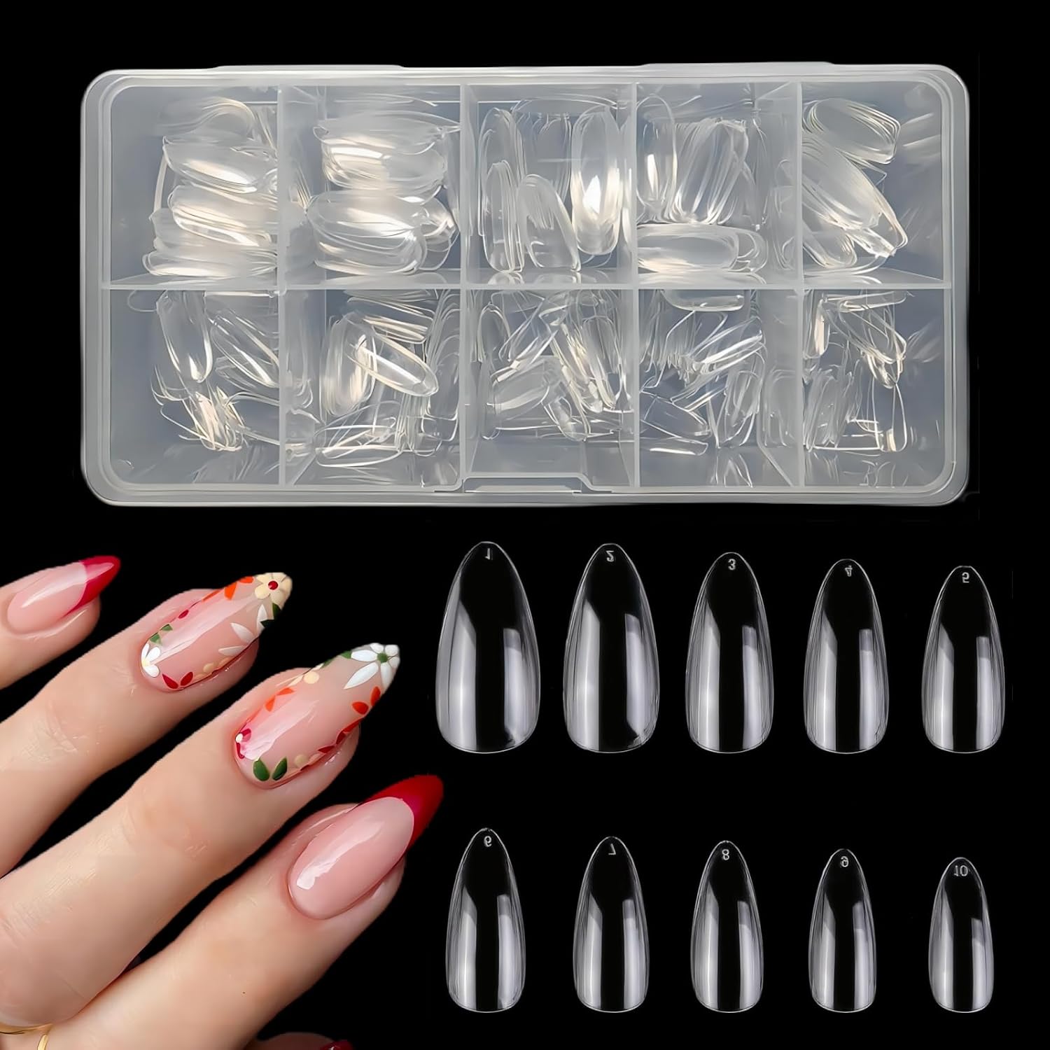 1000Pcs Gel x Nail Tips Almond & Square Medium Nails Set,10 Size Clear Press On Full Cover Nail Tips with Boxs