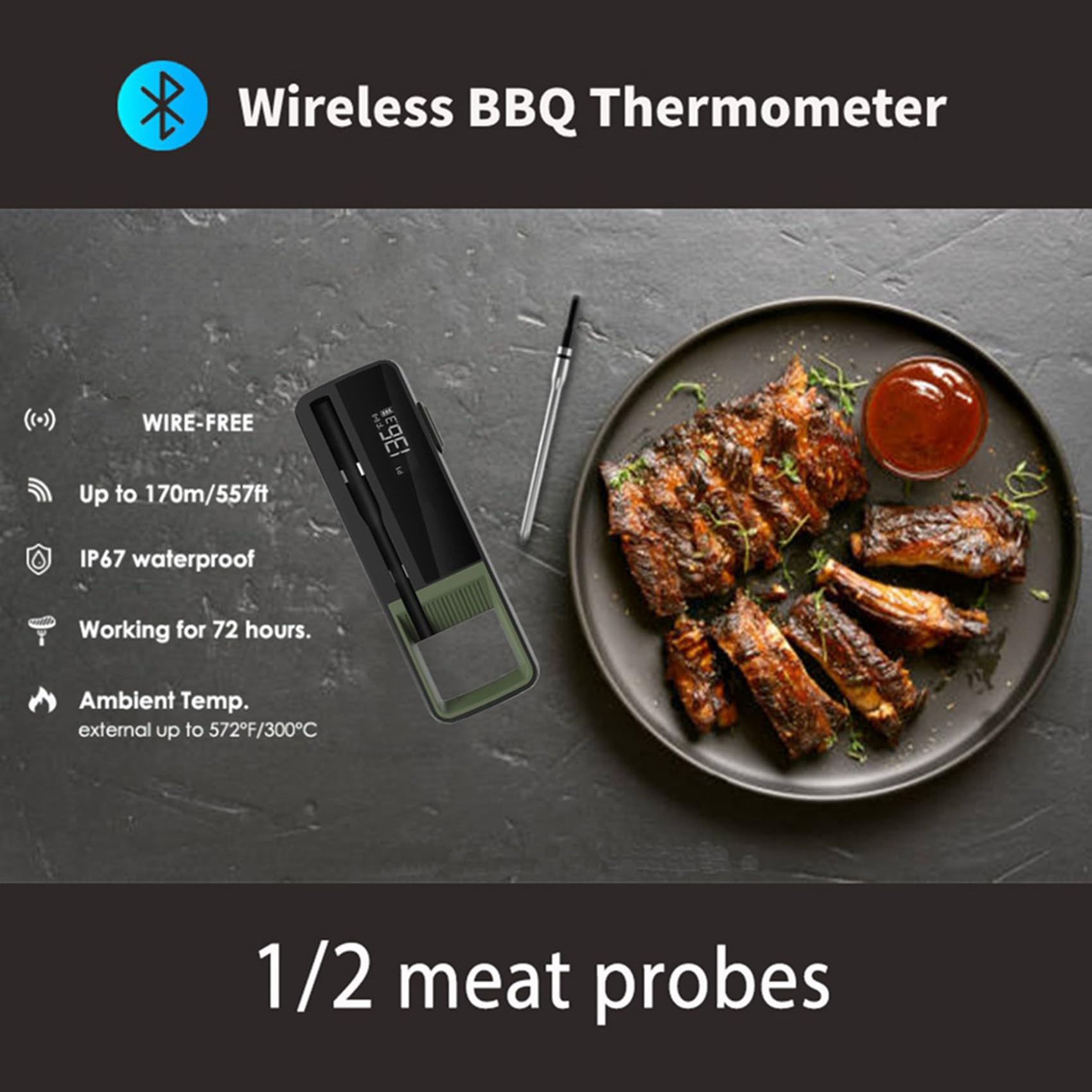 3X Termómetro Inalámbrico para Alimentos y Carne, Termómetro Digital Inteligente para Barbacoa con Bluetooth para Cocina, Horno, Parrilla con 6 Sondas
